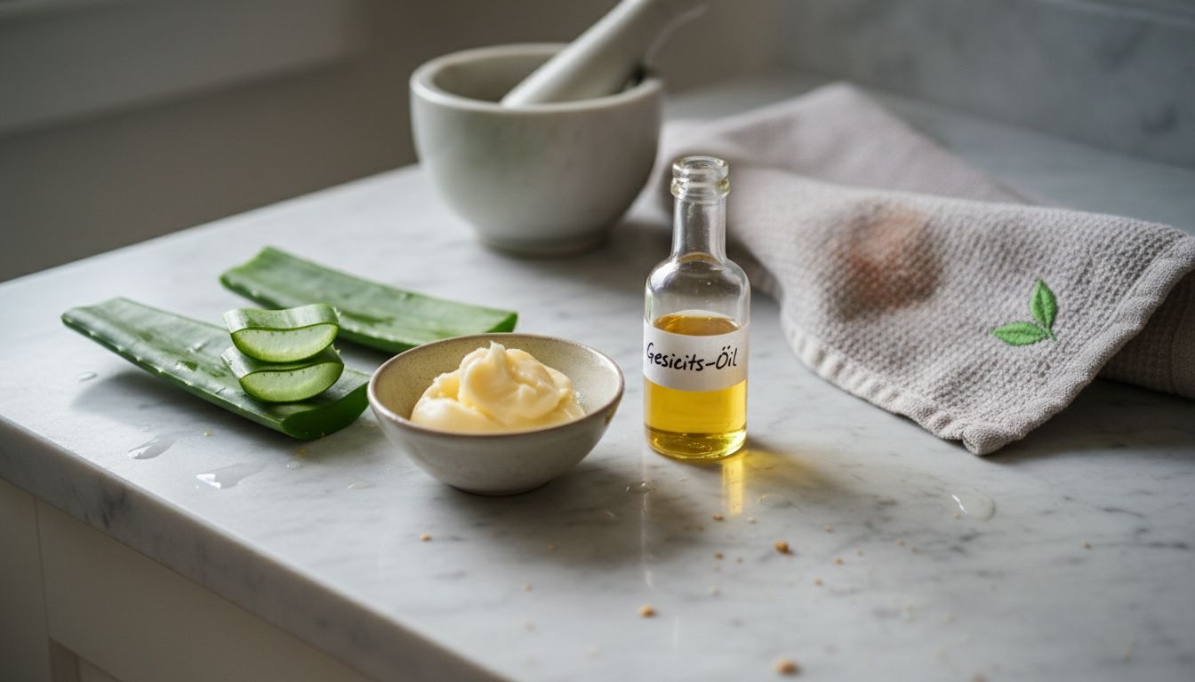 Natürliche Zutaten für Kosmetik, liebevoll auf der Küchenarbeitsplatte arrangiert