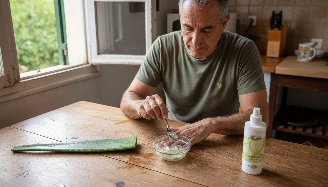 Ein Mann stellt frisches Aloe-Vera-Gel selbst zuhause her.