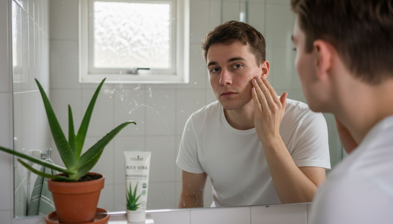 Ein junger Mann pflegt sein Gesicht mit Aloe Vera.
