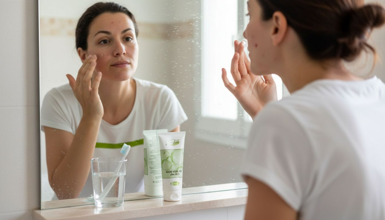 Eine Frau trägt sanft Aloe Vera Gel auf ihr Gesicht auf und genießt die pflegende Wirkung.