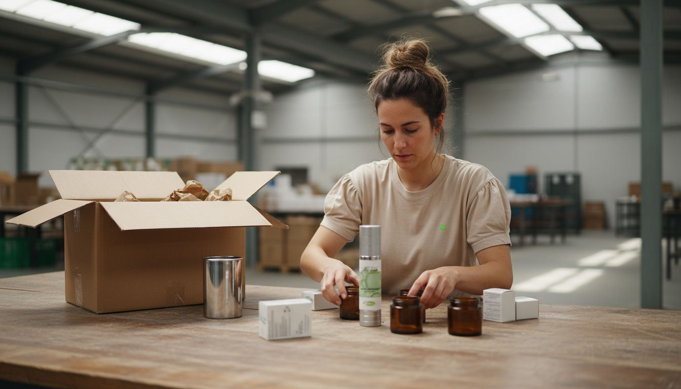 Eine Mitarbeiterin kümmert sich um die Sortierung nachhaltiger Verpackungen.