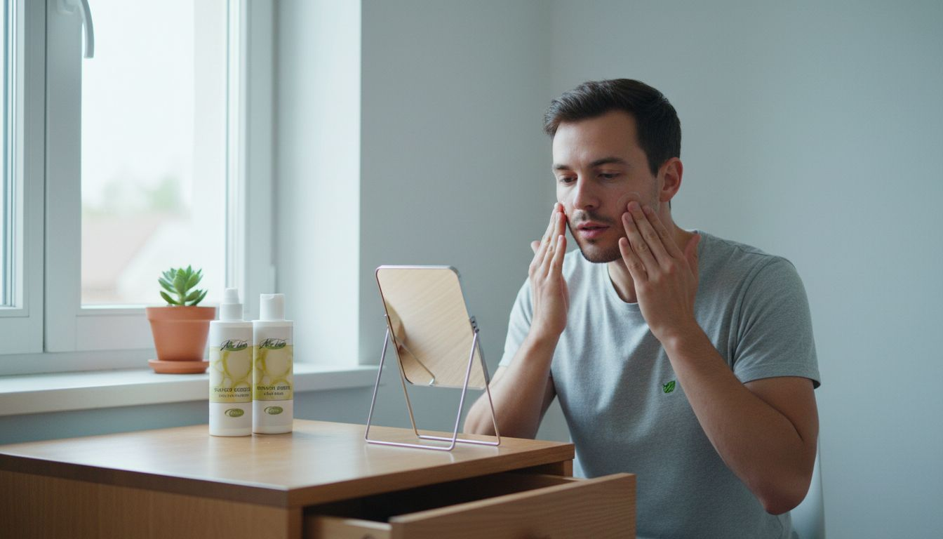 Ein Mann cremt sein Gesicht mit Aloe-Vera-Gel ein.