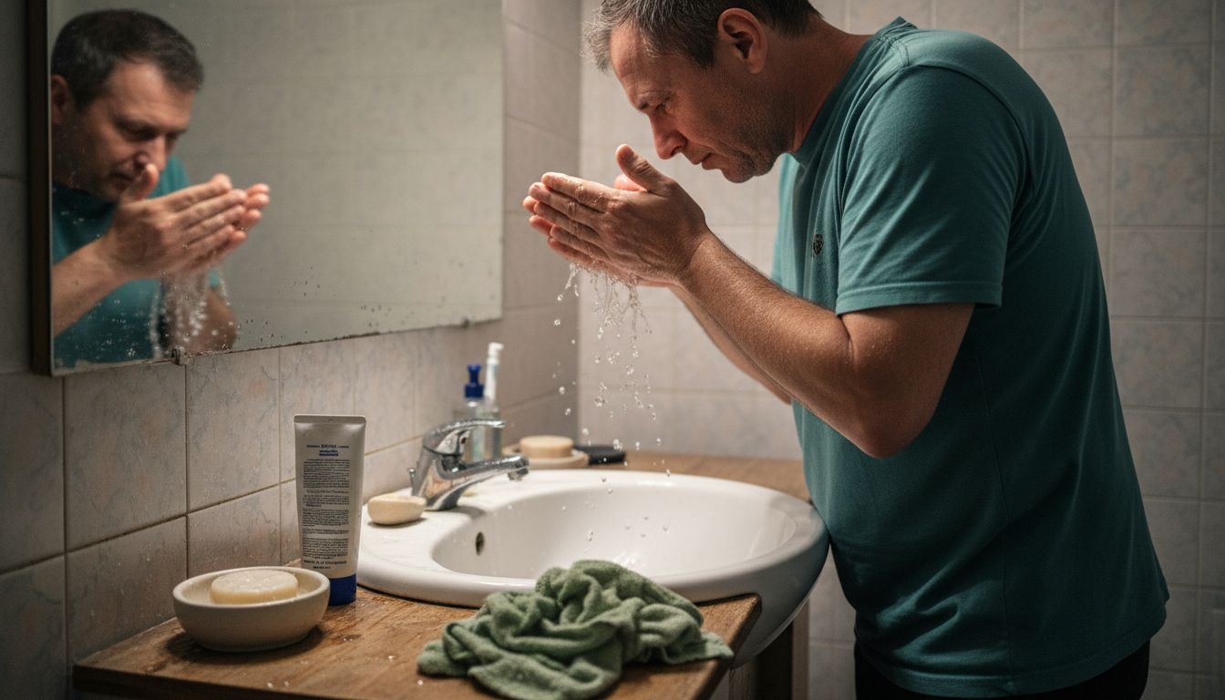Ein Mann wäscht sich morgens das Gesicht und startet frisch in den Tag.
