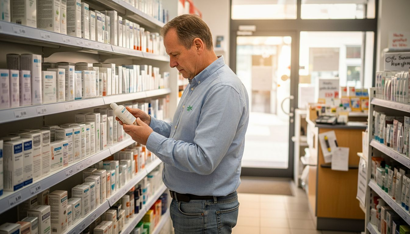 Ein Mann wirft in der Apotheke einen prüfenden Blick auf die Inhaltsstoffe eines Kosmetikprodukts.
