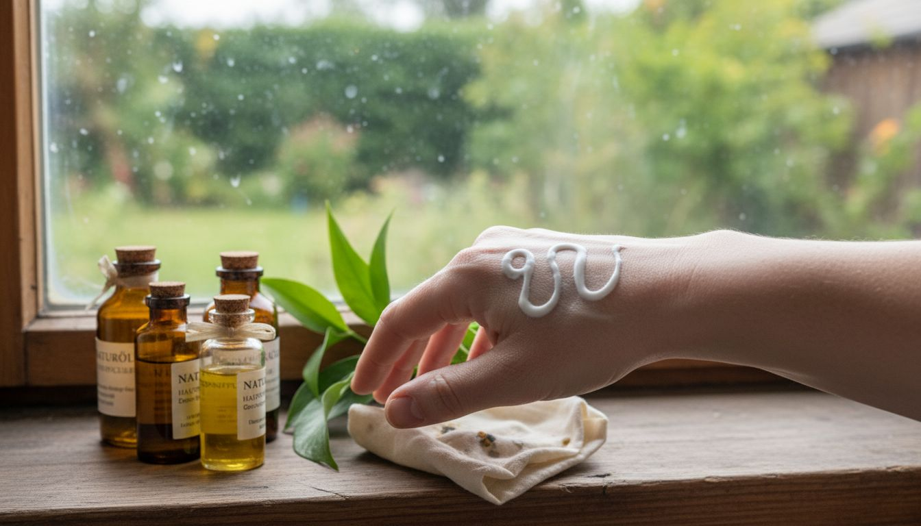 Eine Hand probiert eine Creme mit natürlichen Pflanzenextrakten und Ölen aus.