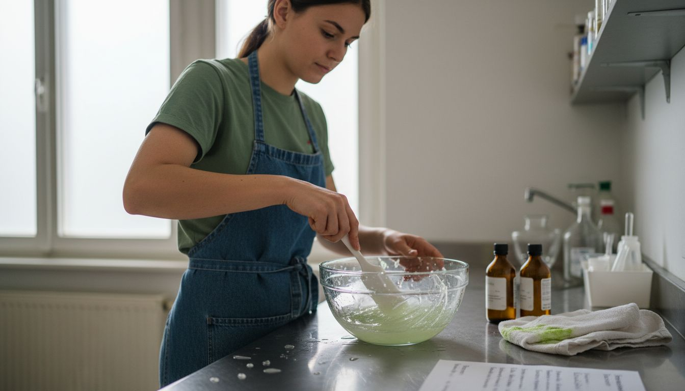 Im Labor bereitet eine Mitarbeiterin Aloe-Vera-Gel zu und vermengt die Zutaten sorgfältig.