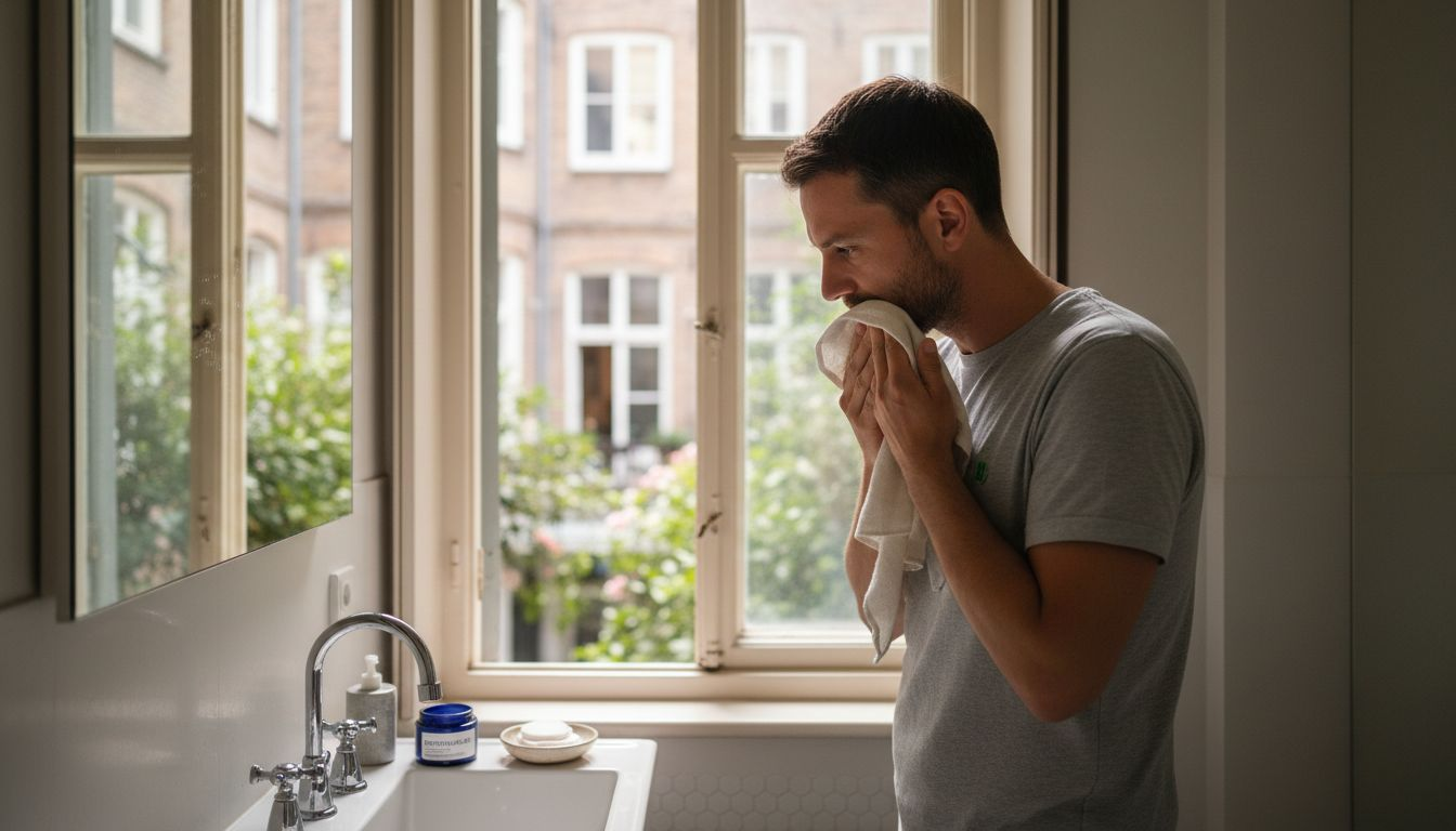 Nachdem er sein Gesicht gewaschen hat, tupft der Mann es vorsichtig mit einem Handtuch trocken.