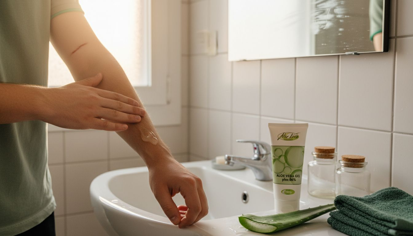 Ein Mann trägt im Badezimmer Aloe-Vera-Gel auf.