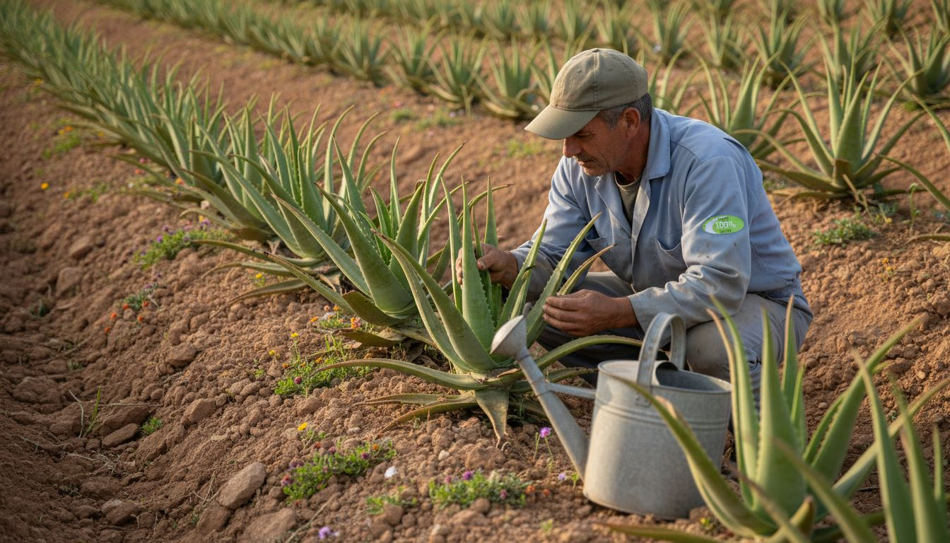 Der Landwirt begutachtet die Aloe-Vera-Pflanzen direkt auf dem Feld.