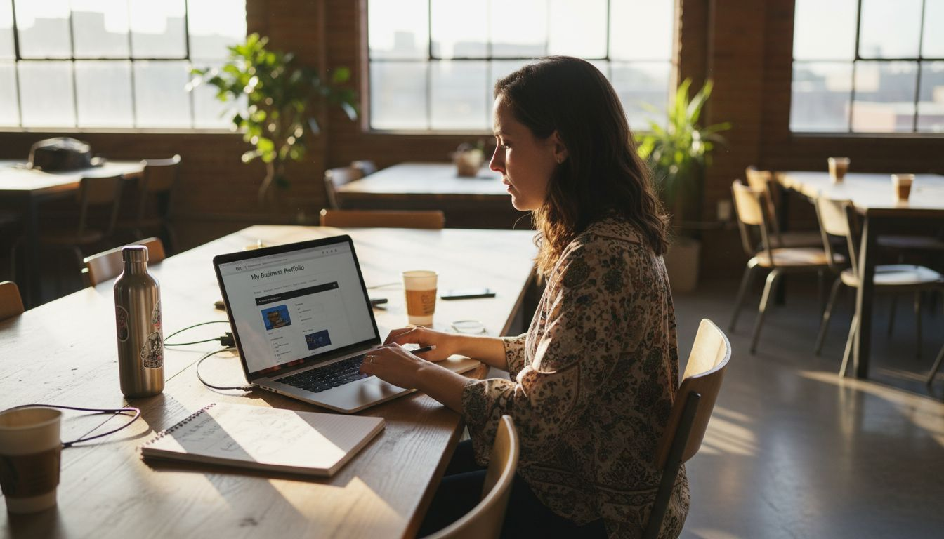 Business owner editing site on laptop in coworking space