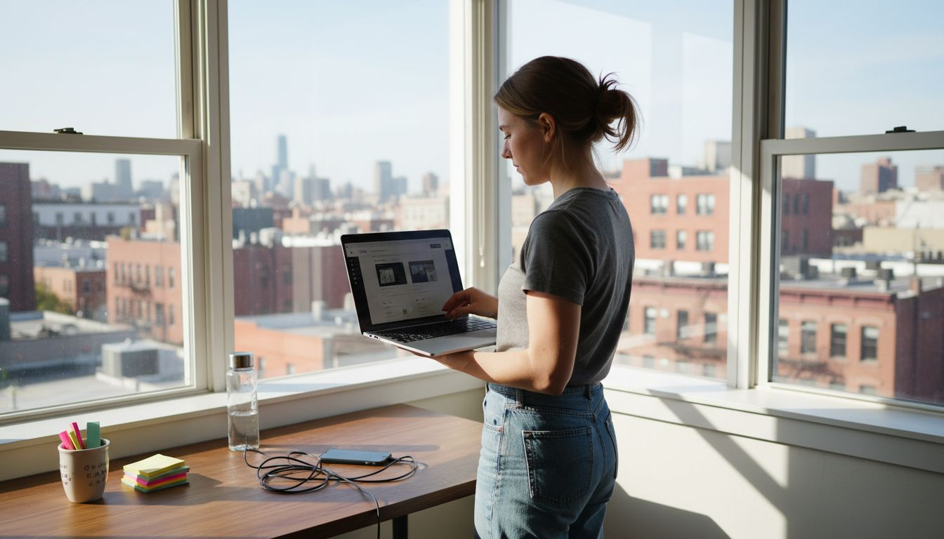 Web designer testing responsive layout at desk