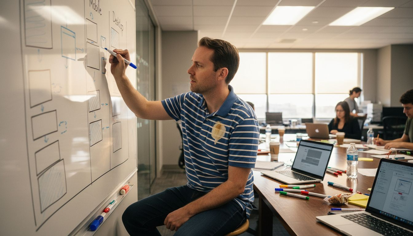 UX specialist sketching breakpoints on whiteboard