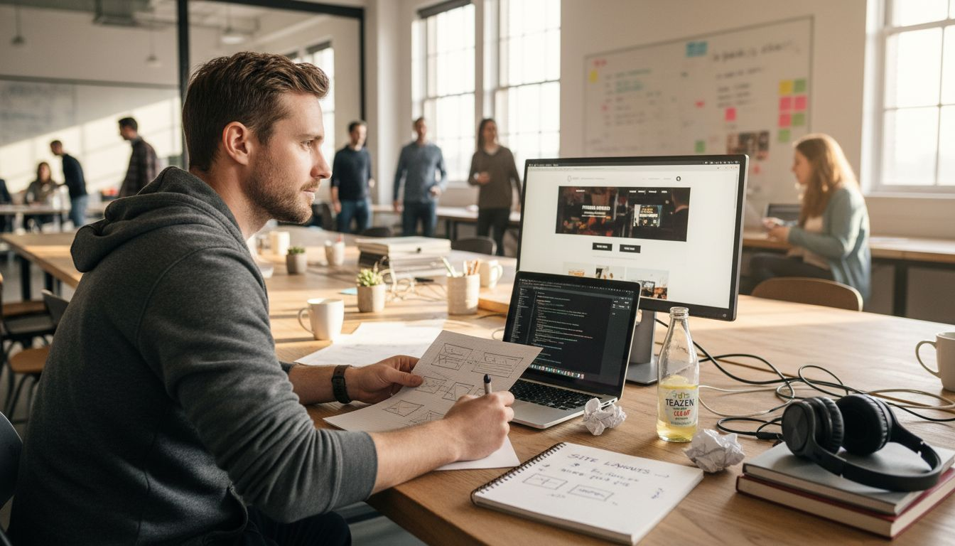 Web designer sketching e-commerce site layout