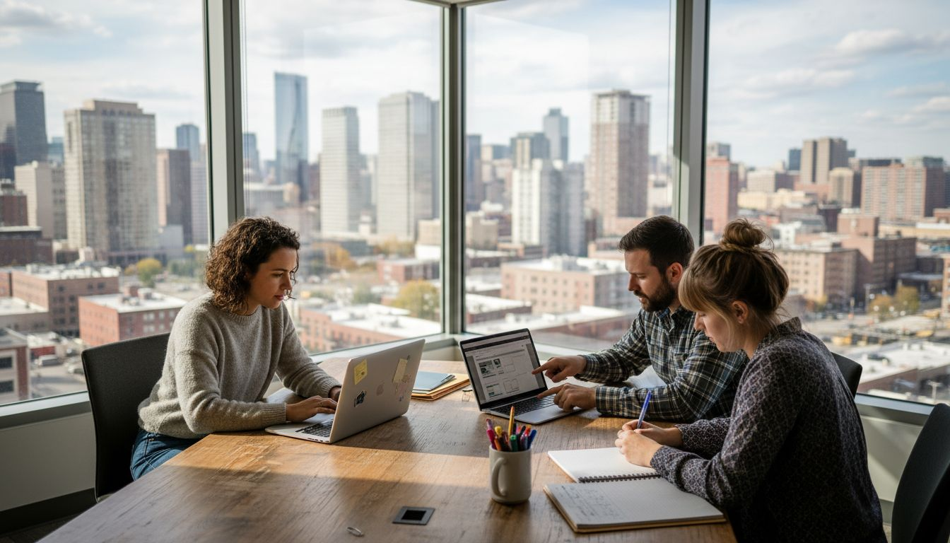 Web design team collaborating in bright city office