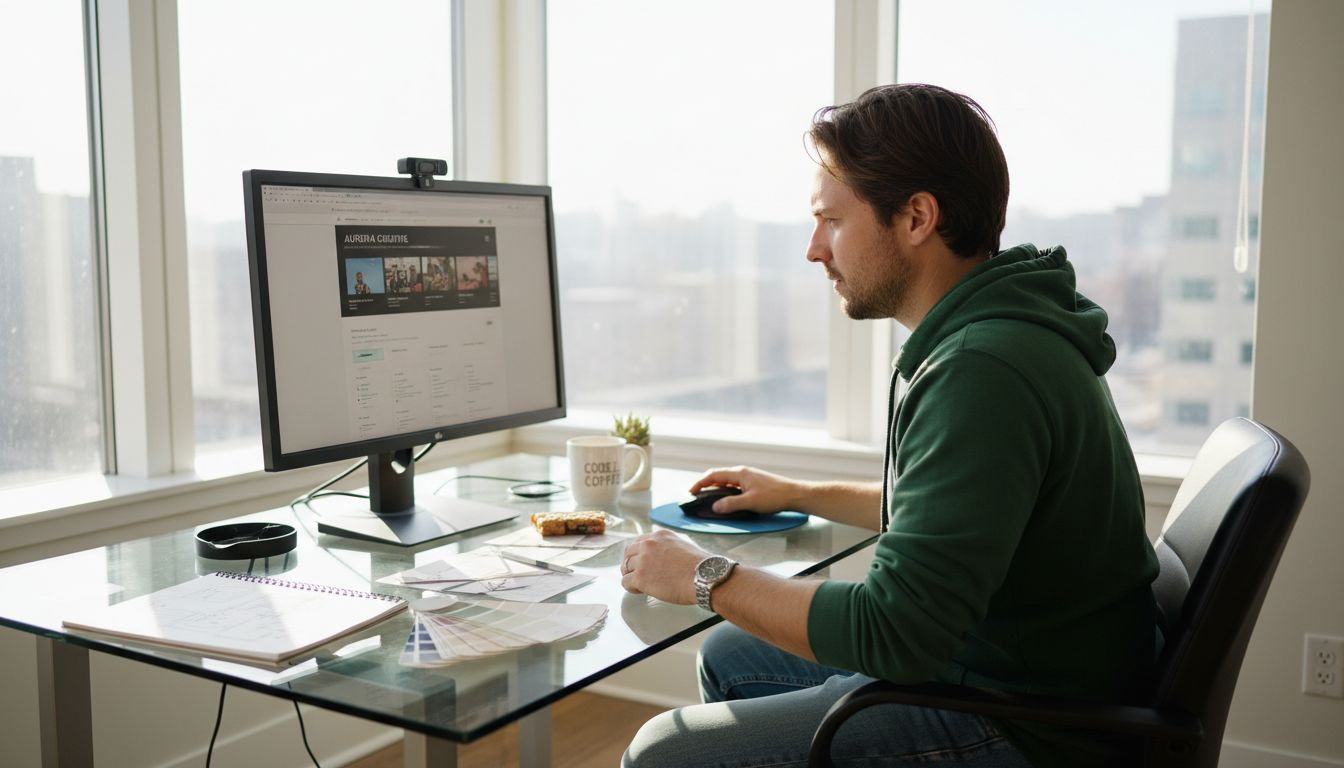 Web designer working on Wix redesign in city office