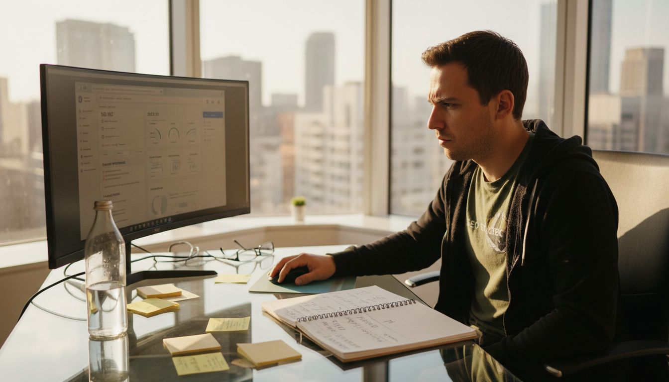 SEO expert reviews Wix dashboard in corner office