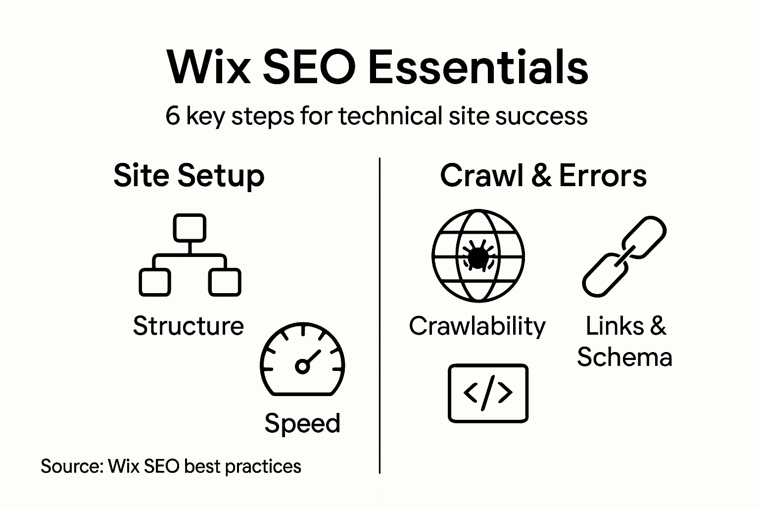 Infographic showing 6 key Wix technical SEO steps