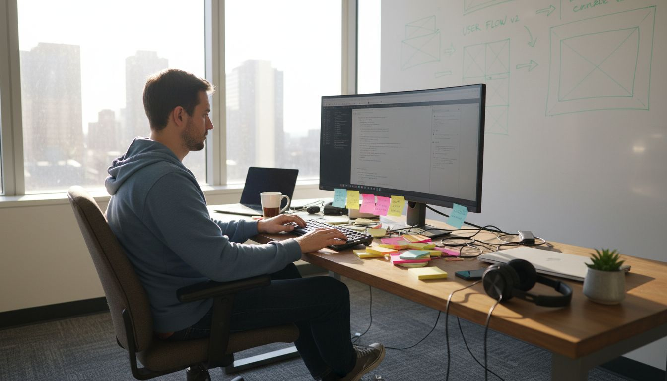 Web designer working at sunlit office desk