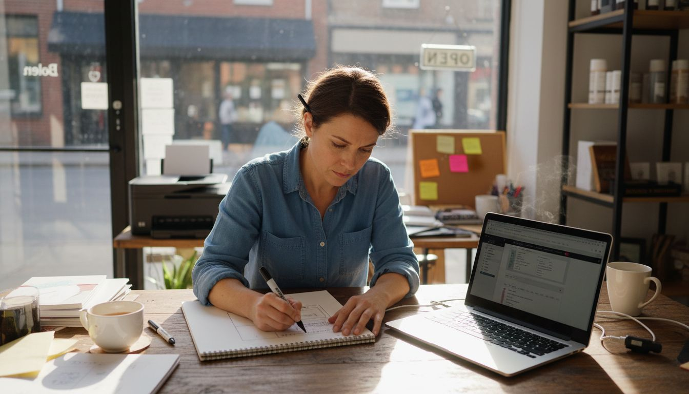 Small business owner designing website in office