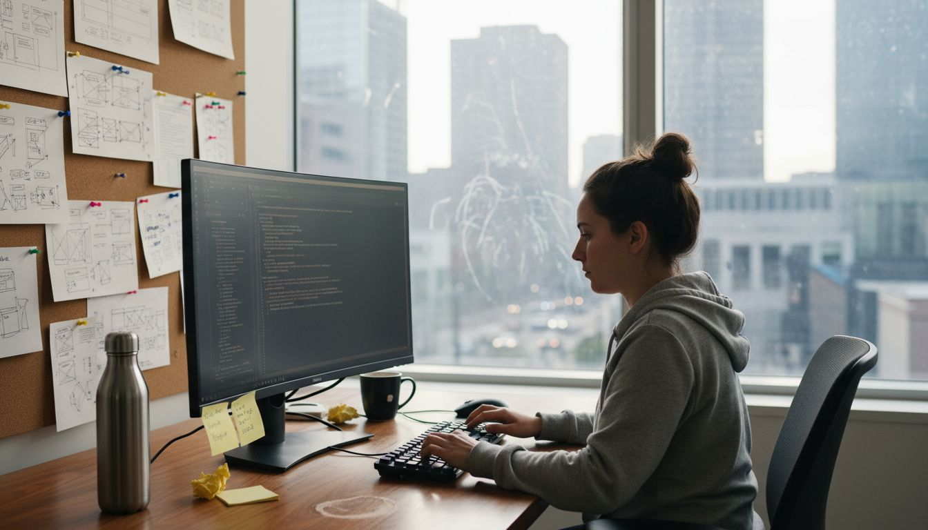 Web designer at office desk coding website