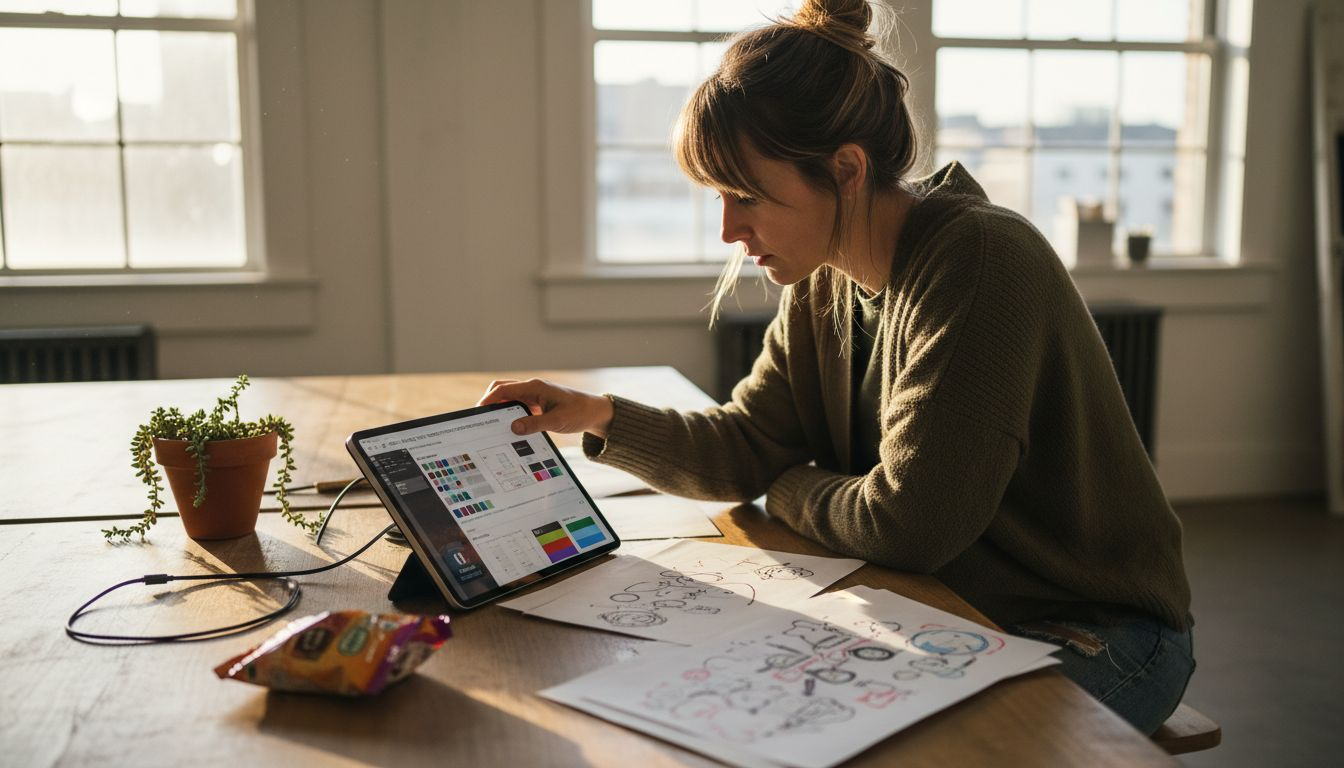 UX designer working on layered tablet visuals
