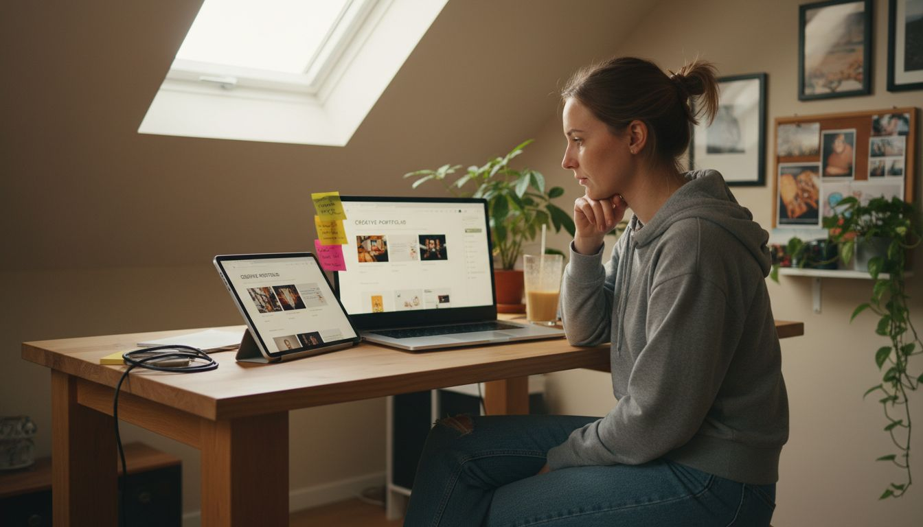 Designer checking Wix site on laptop and tablet