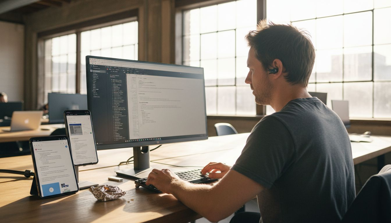 Developer updates responsive site code on multiple devices