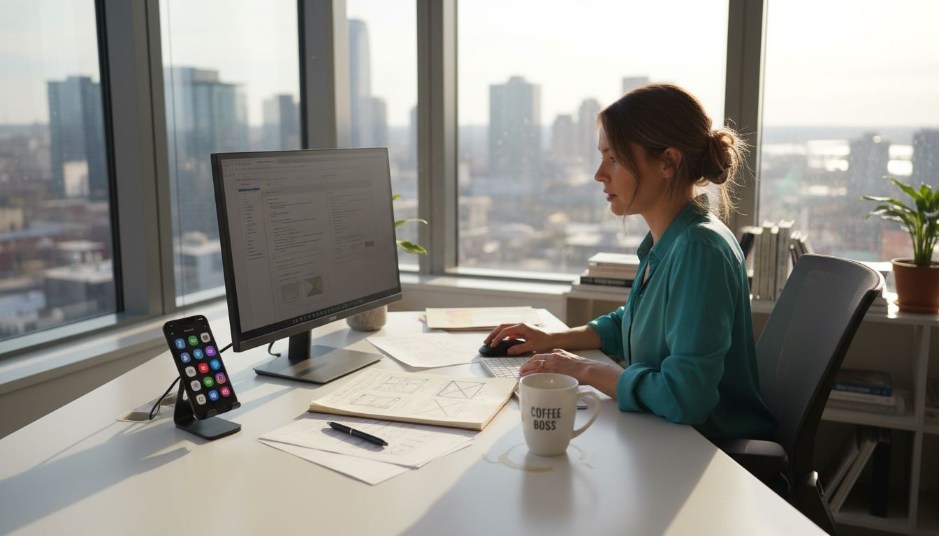 Business owner working on website design in city office