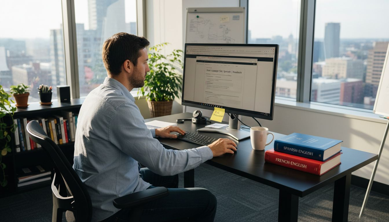 Developer designing multilingual website in office