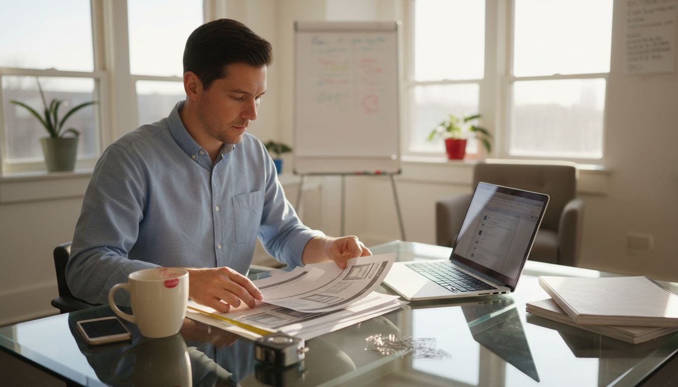 Business owner reviews printed website design mockups