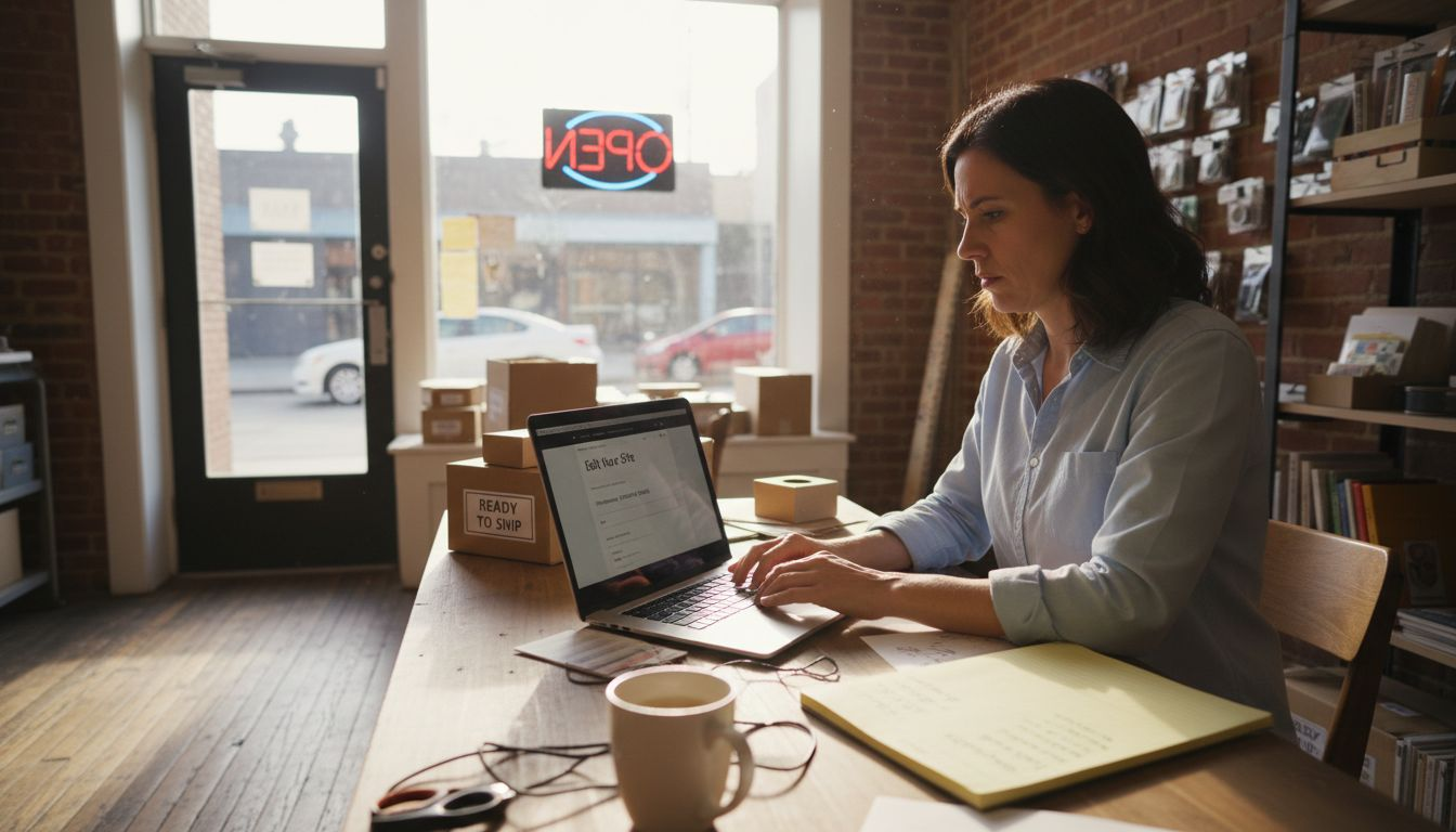 Small business owner updating her website in shop