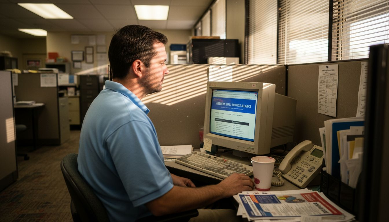 Man browsing small business website in office cubicle