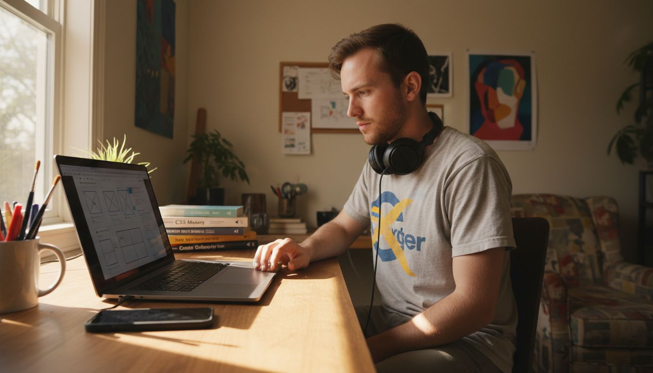 Web designer reviewing wireframes in home studio