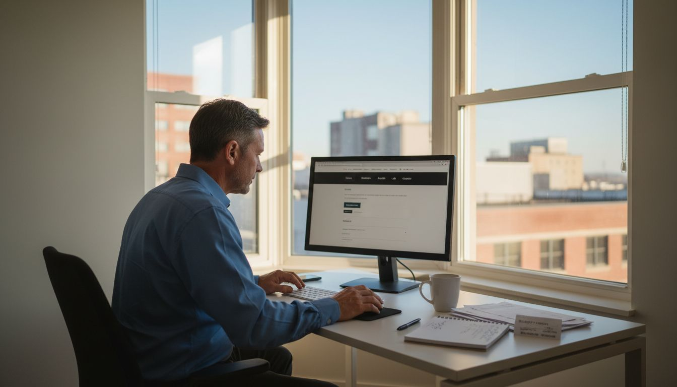 Business owner reviewing website template