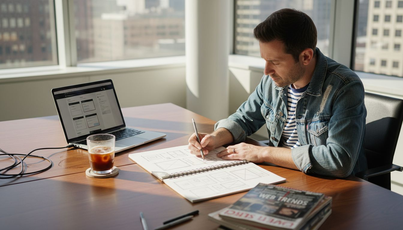 Designer sketching website layouts in corner office