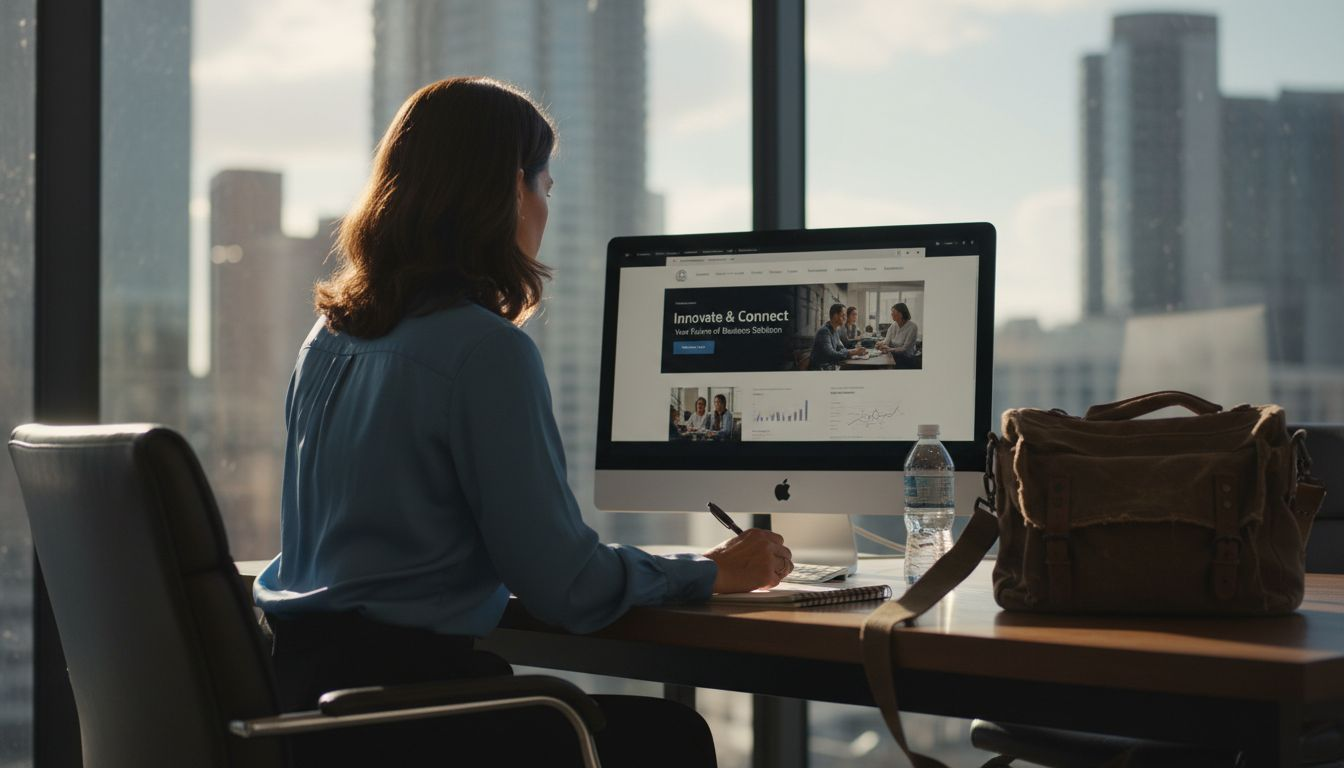 Marketing manager viewing business homepage in meeting room