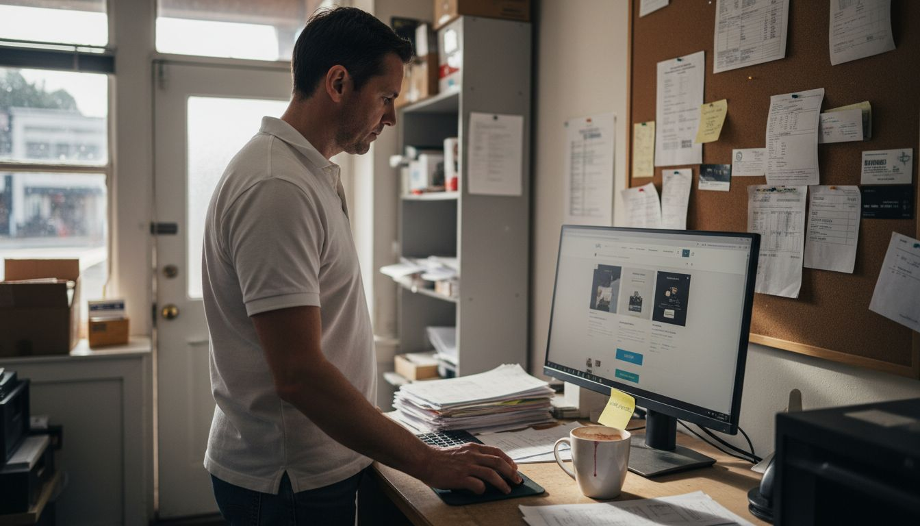 Business owner editing Wix website in shop office