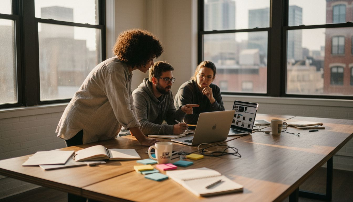 Web design team collaborating at studio table
