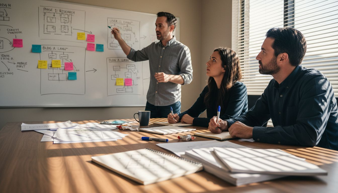 Project manager reviews website plans with team