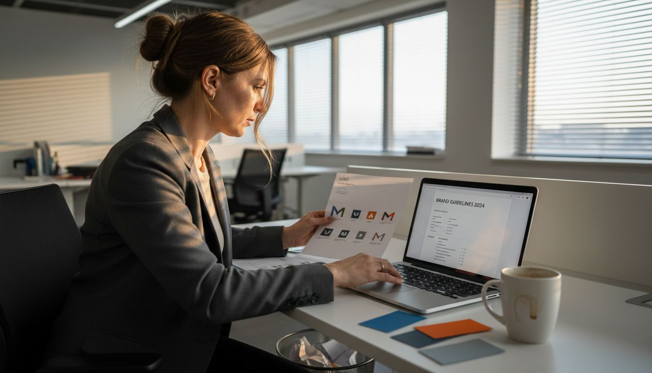 Marketing manager reviews branding consistency