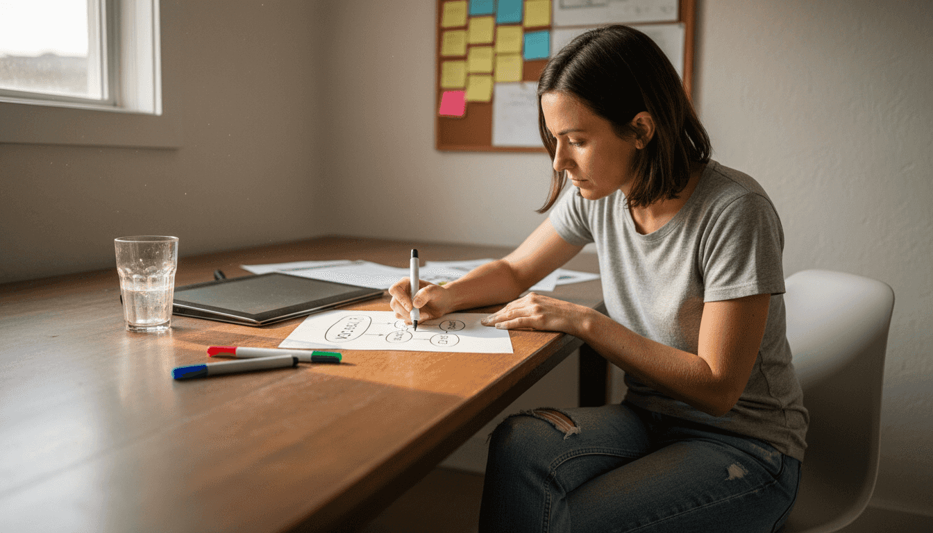 Designer sketching website navigation map on paper