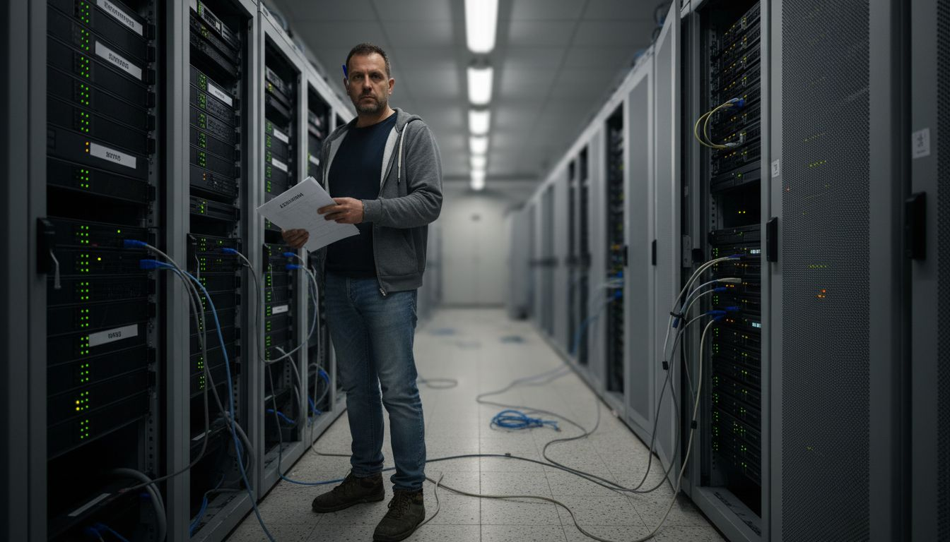 Τεχνικός επιβλέπει τους servers σε αίθουσα φιλοξενίας CDN