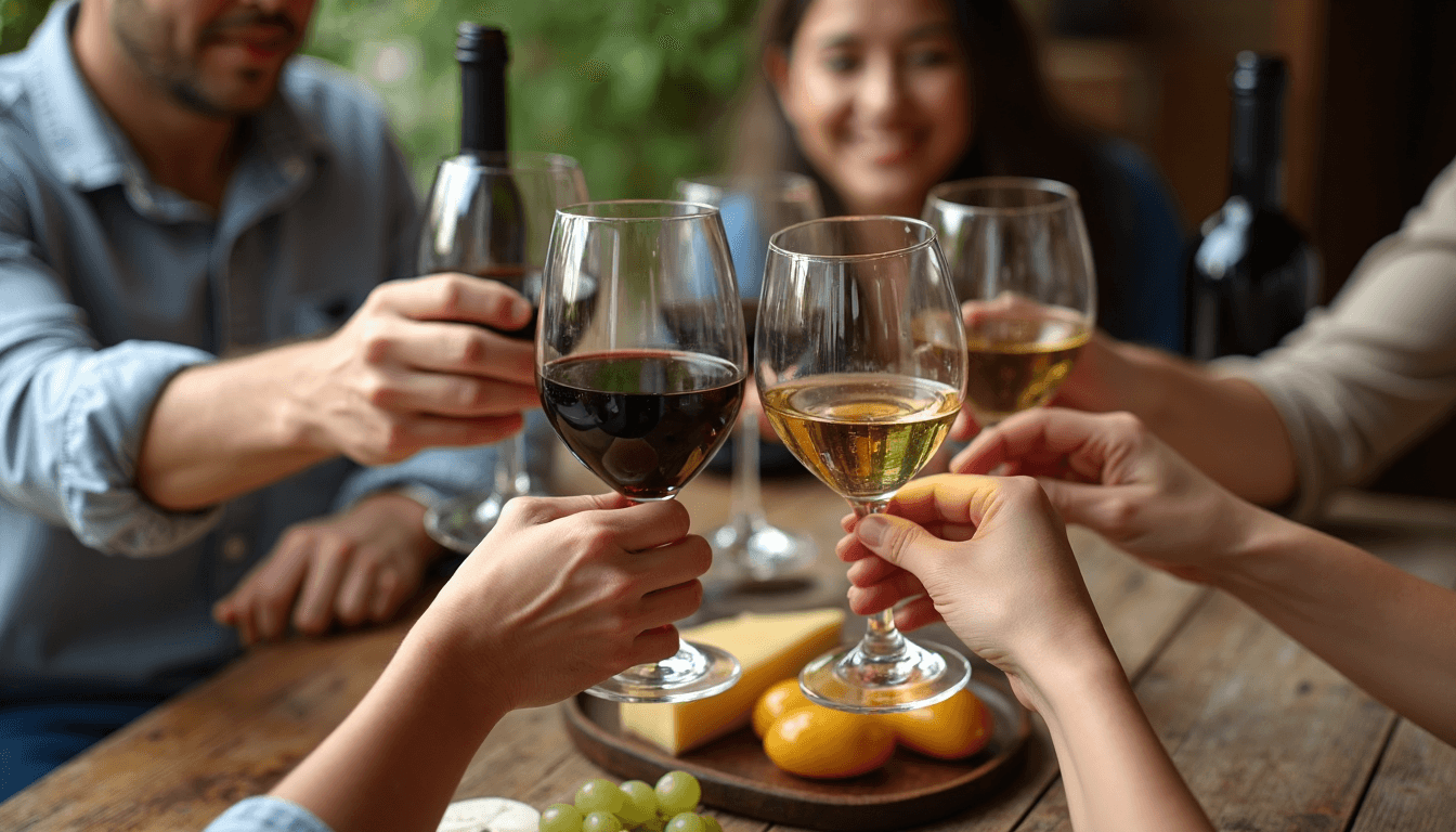 Hands holding wine glasses at tasting table