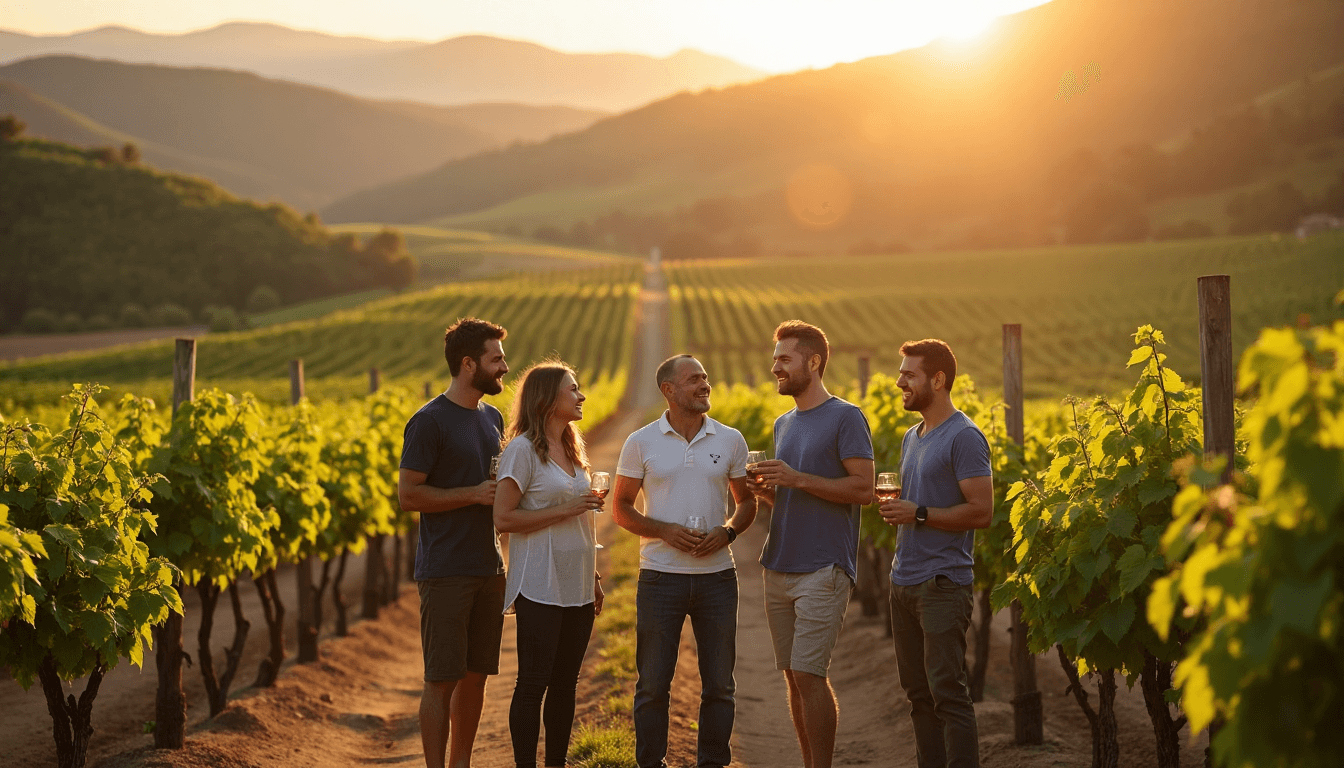Visitors tasting wine at a South African vineyard