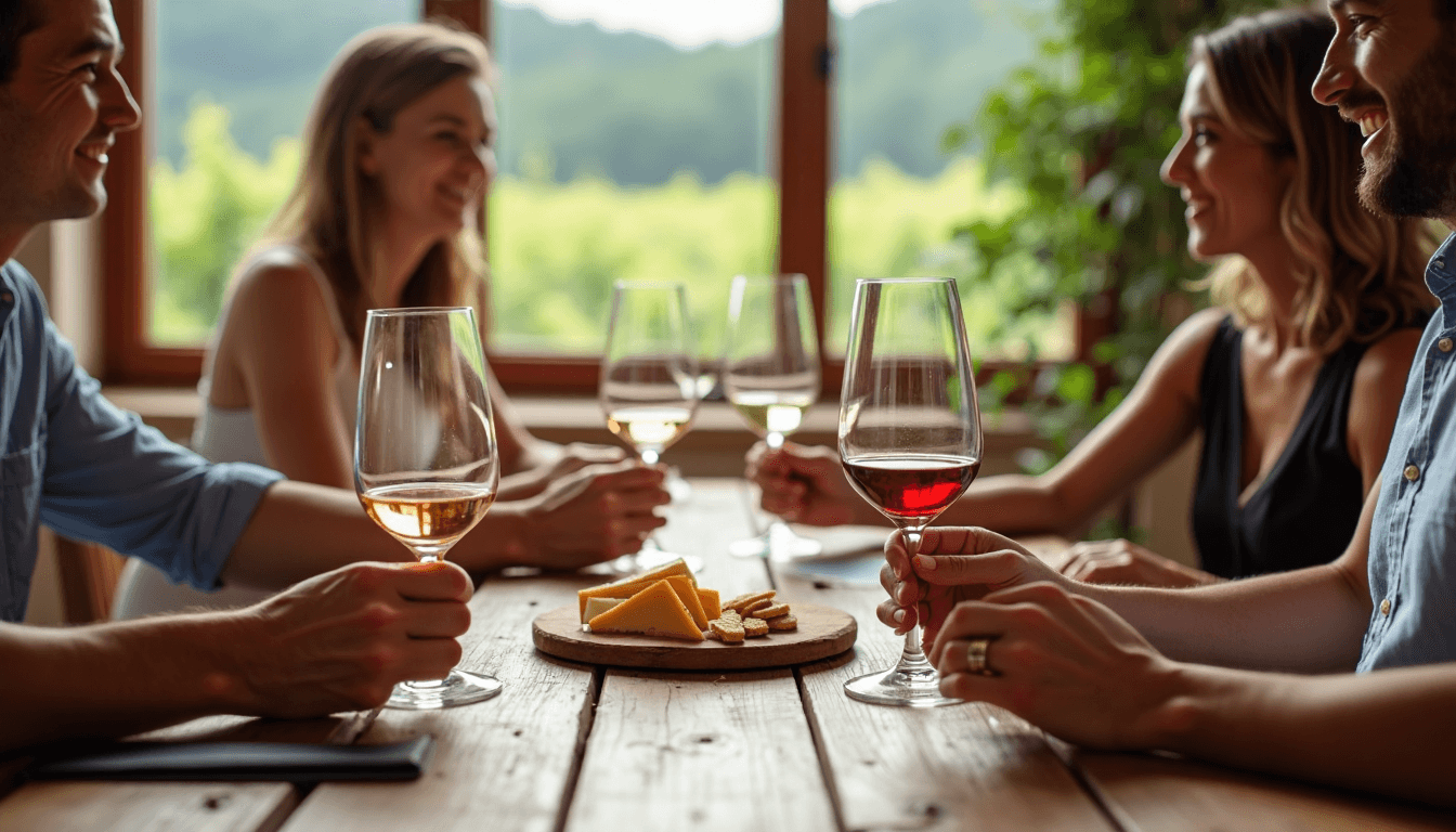 Wine glasses with cheese platter on rustic table