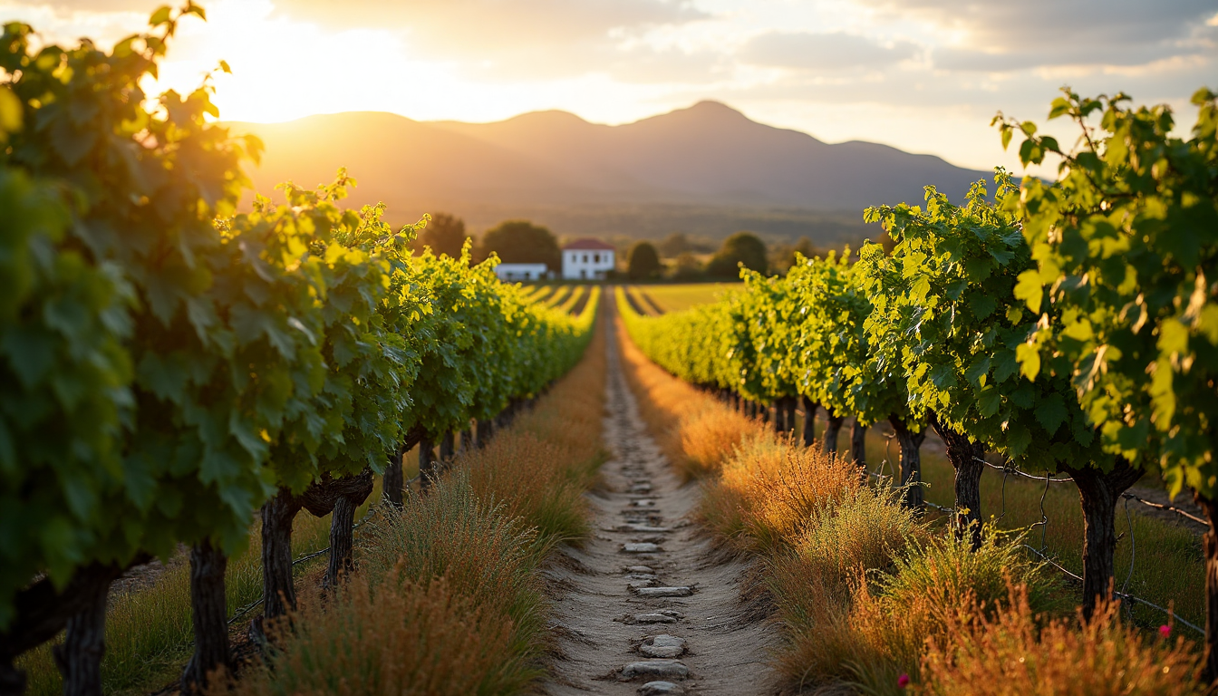 Vineyard landscape with mountains at golden hour