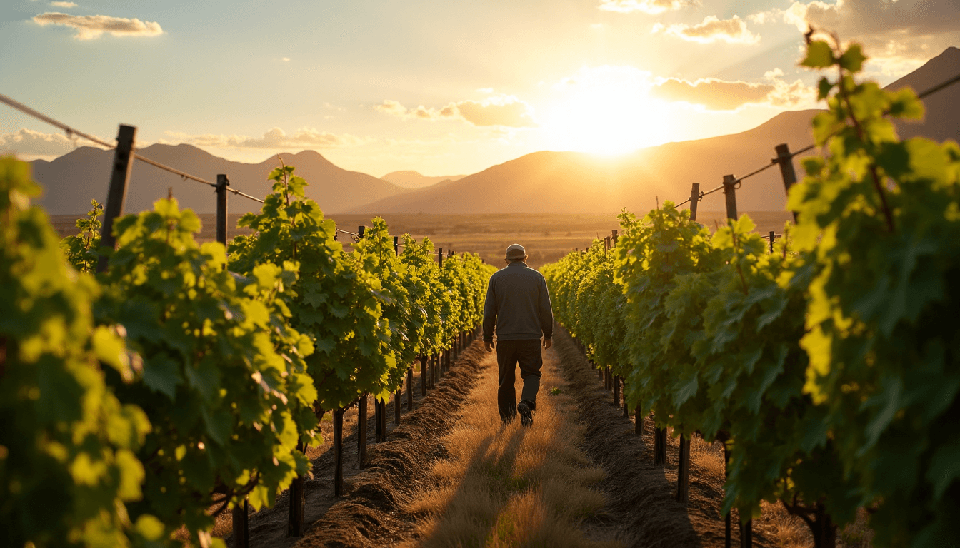 Golden hour South African vineyard panorama