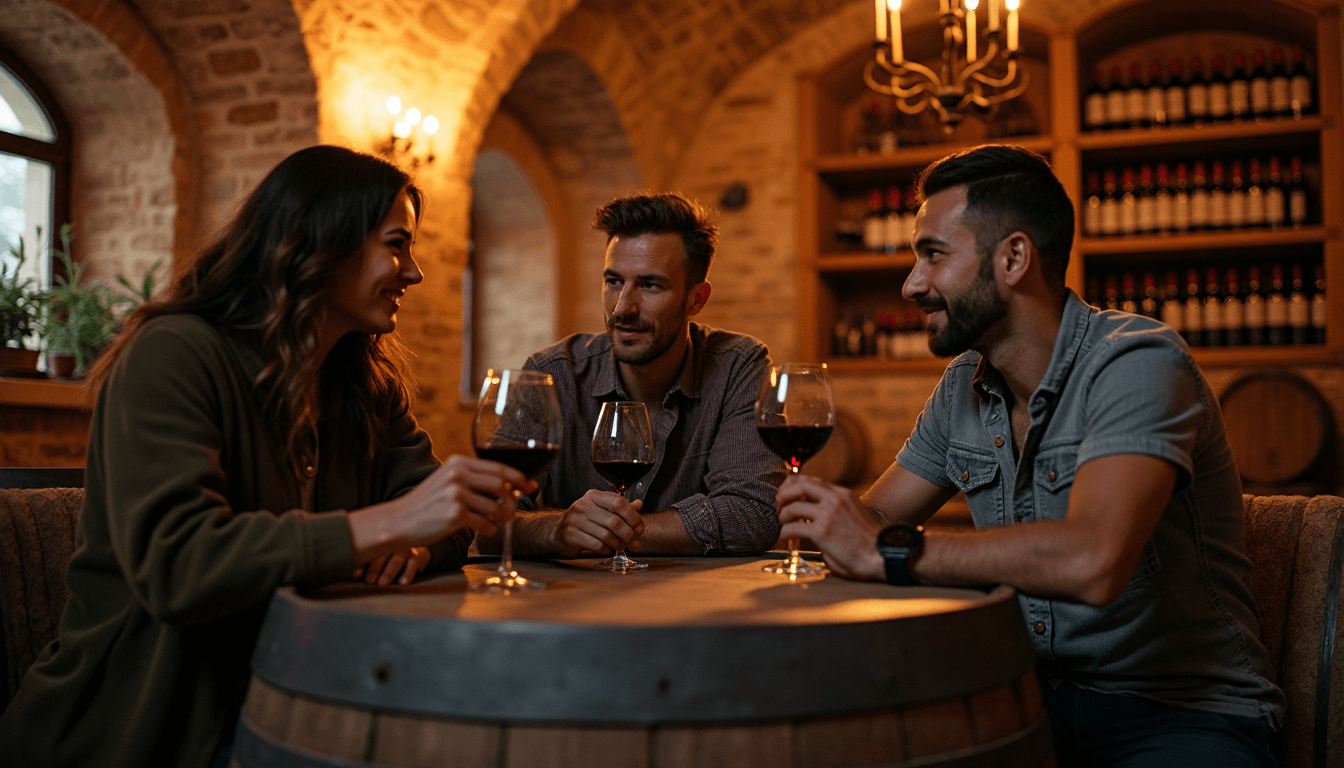 Wine enthusiasts tasting in a rustic cellar