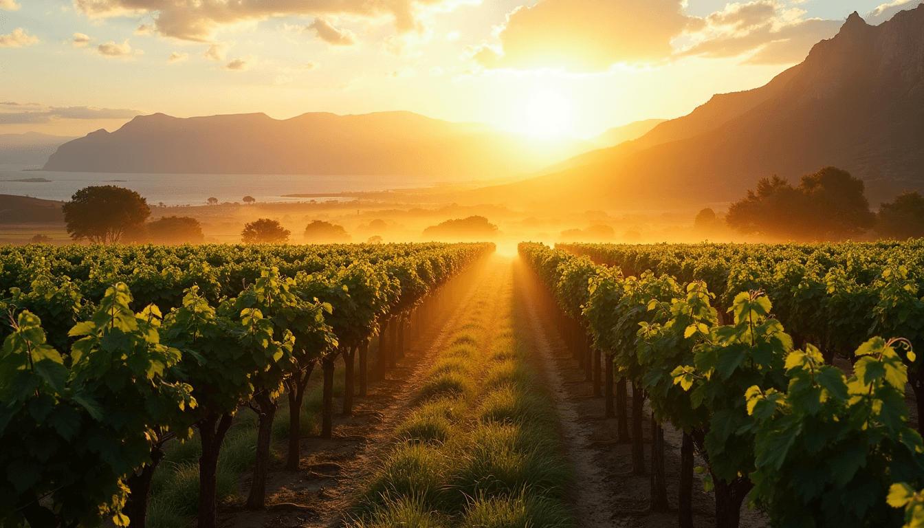 Sunrise over South African vineyard with misty mountains