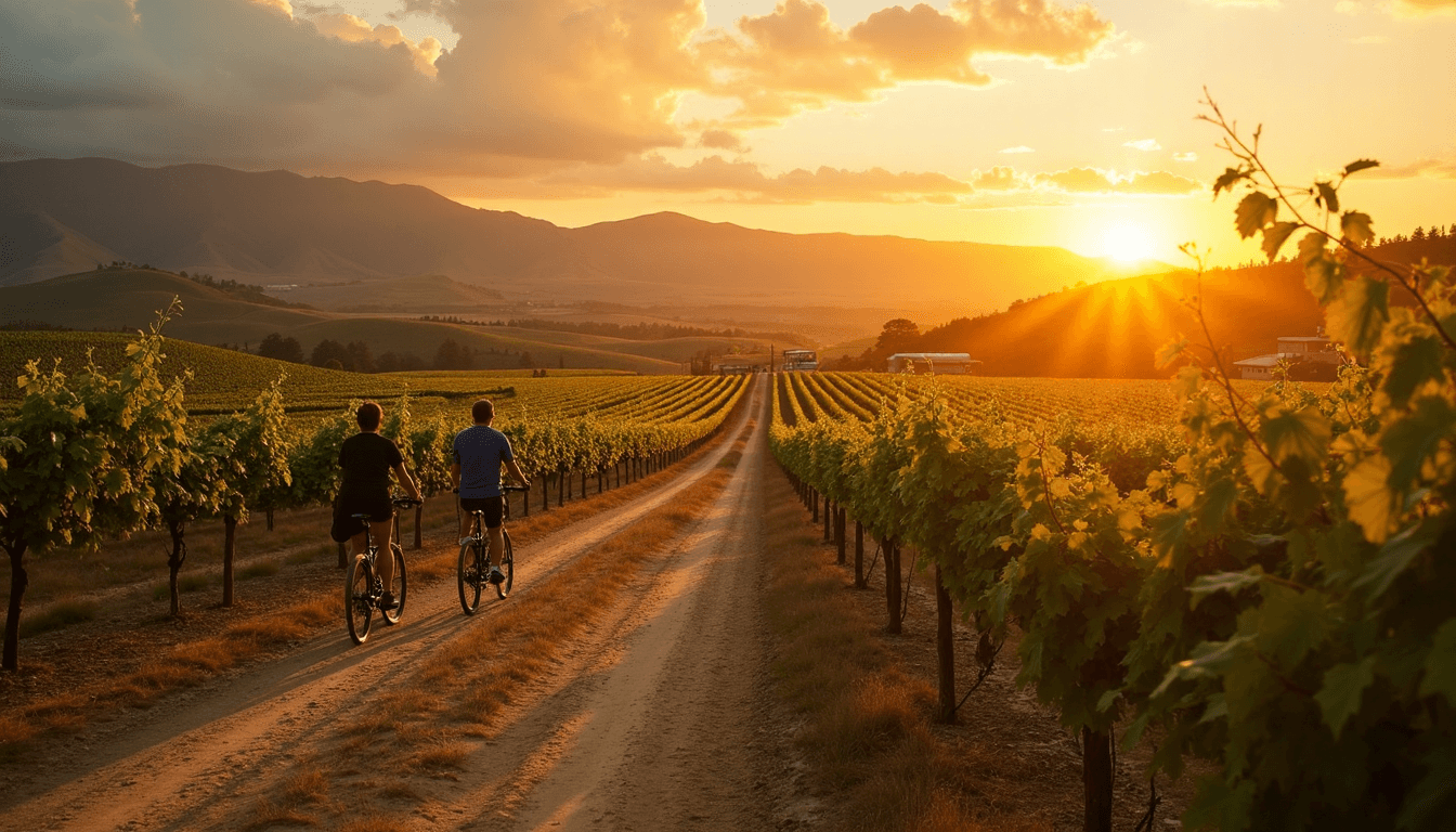 Cyclists pause on vineyard road at sunset